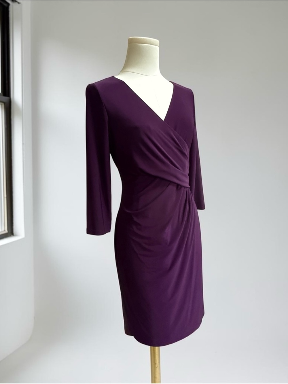 NWOT Lauren Ralph Lauren Plum Rouched Faux Wrap Sheath Dress! 8P Petite - Picture 4 of 7